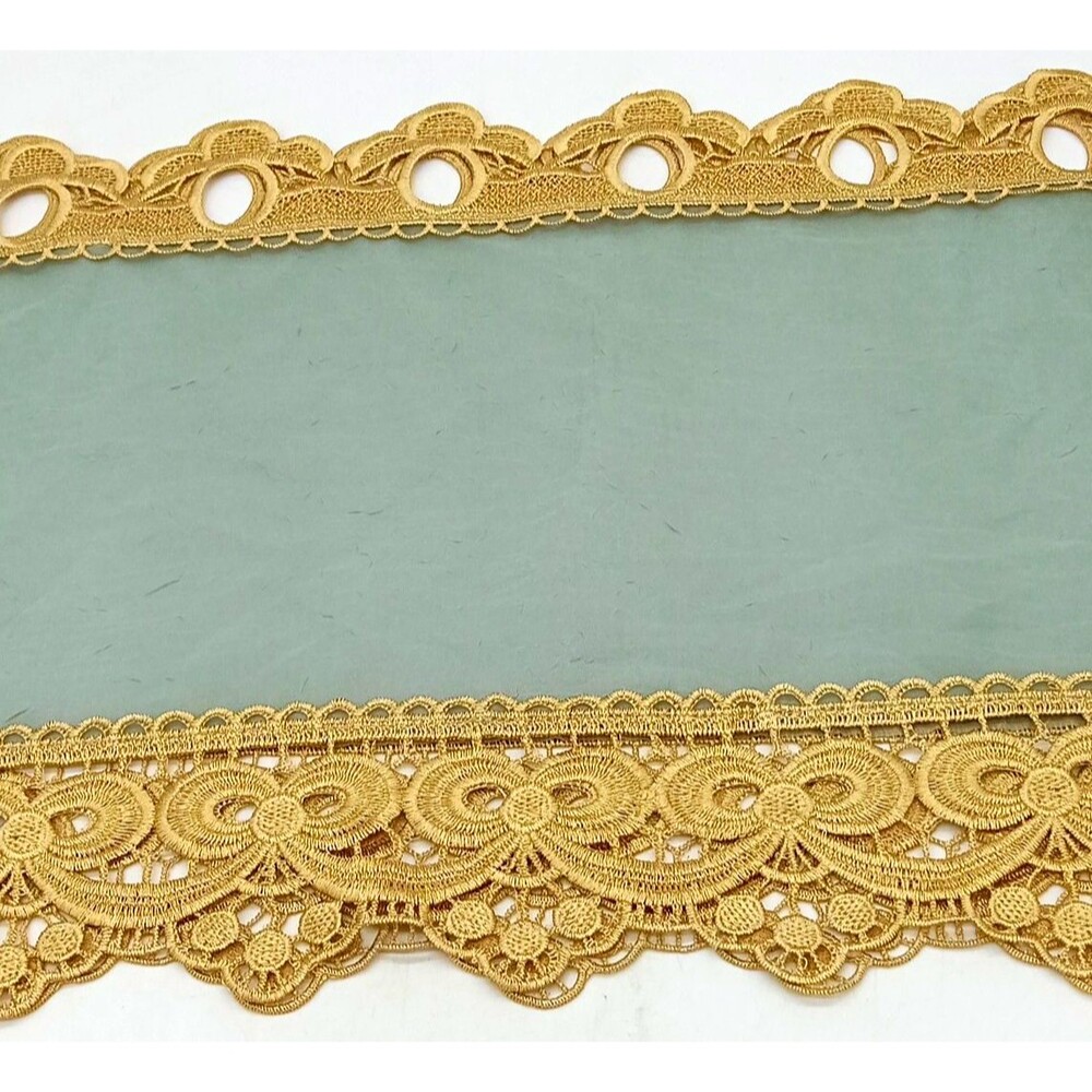Vintage 58" Teal Dresser Scarf Table Runner with Antique Gold Venetion Lace Trim